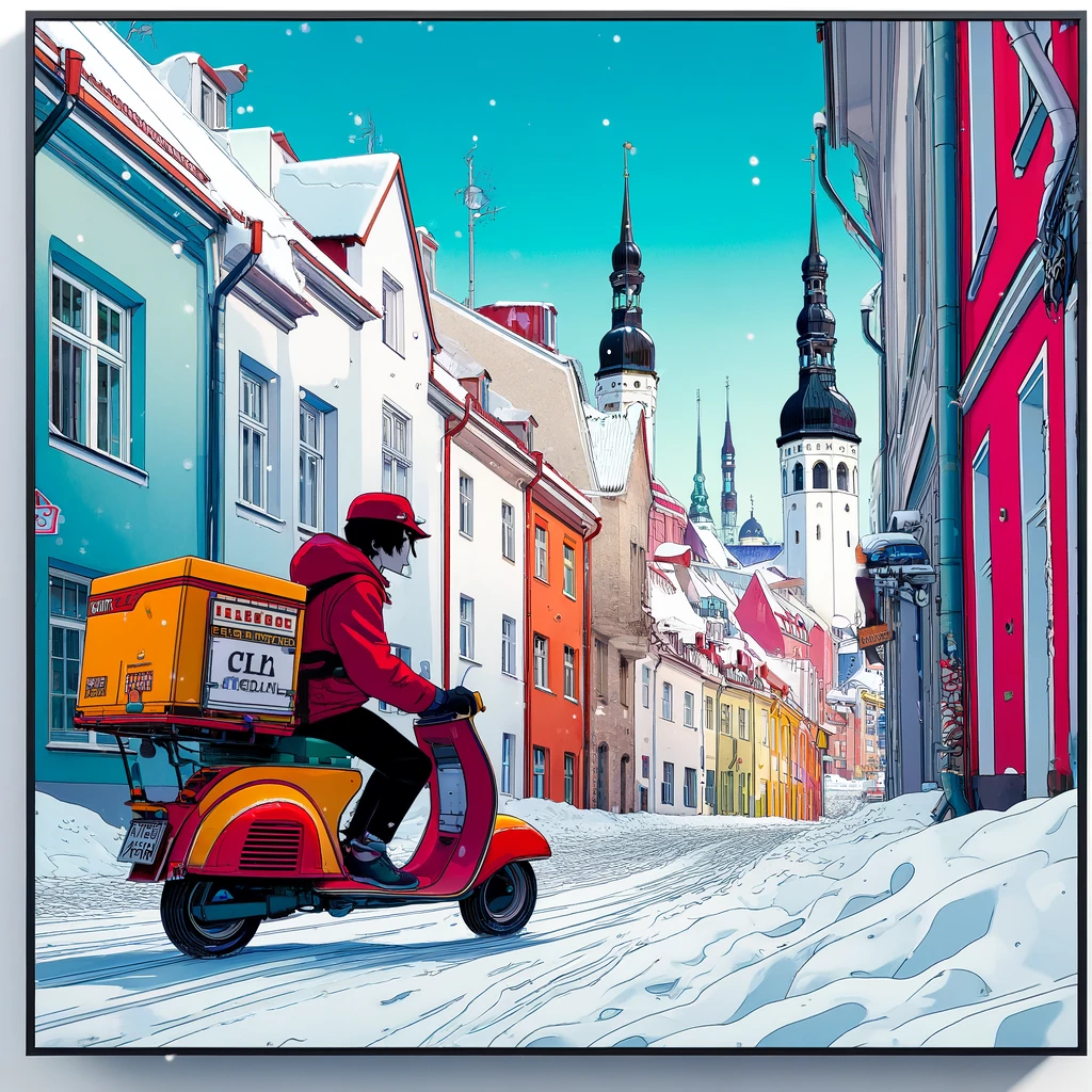 DALL·E 2024 05 03 14.01.47 A square anime style scene featuring a delivery boy on a scooter moped in a winter setting in Tallinn Estonia inspired by the vibrant and surreal 