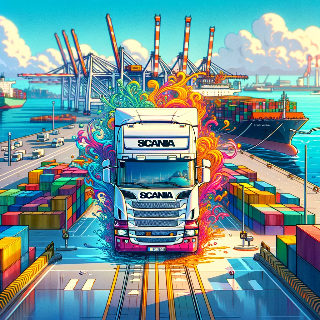 DALL·E 2024 05 03 14.24.47 A square anime style scene featuring a Scania Euro truck at the Tallinn Seaport Terminal inspired by the vibrant and surreal style of the Paprika a