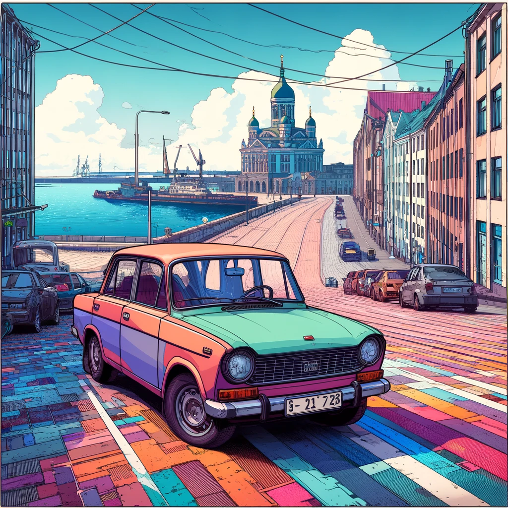 DALL·E 2024 05 15 16.49.13 A square anime style scene featuring an old LADA at the Tallinn Seaport near Tallinna Linnahall inspired by the vibrant and surreal style of the Pap
