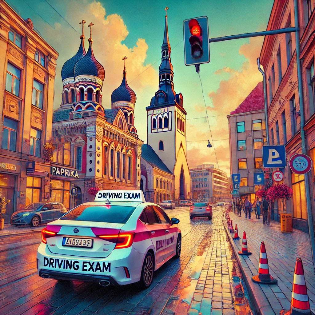 DALL·E 2025 03 12 18.53.13 Create a square 8k resolution anime style scene featuring a driving exam car navigating the streets of Tallinn city center rendered in the vibrant a